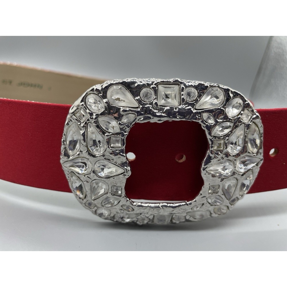 Vintage St. John Red Satin Belt‎ Silvertone Bling Buckle Size 4 1.75" wide